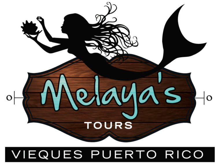 Logo with mermaid holding a shell above 'Melaya's Tours' and 'Vieques Puerto Rico'.