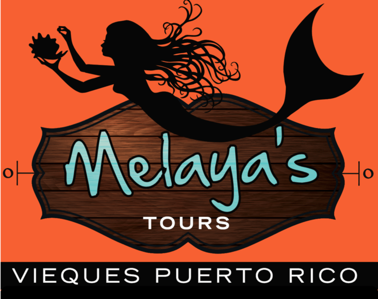 Silhouette of mermaid with shell, text: Melaya's Tours, Vieques Puerto Rico on orange background.