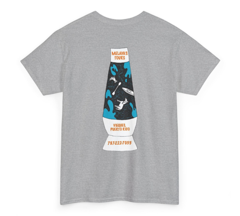 Gray T-shirt with lava lamp graphic featuring kayak images and text: Melaya's Tours, Vieques, Puerto Rico.