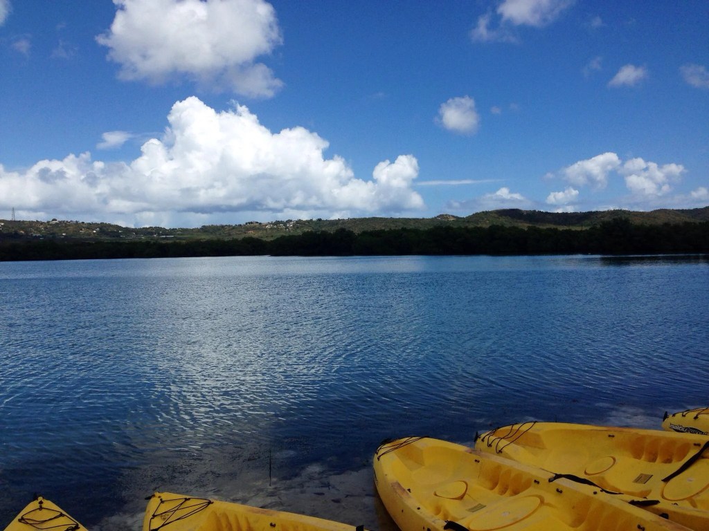 Yellow kayaks on a calm lake with cloudy sky and tree-covered hills in the background.