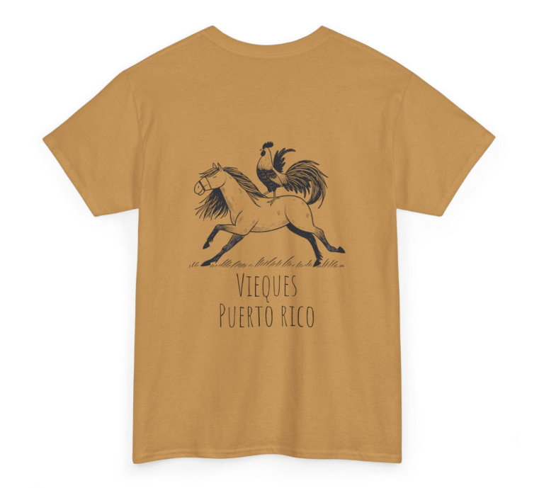 Tan T-shirt with horse and rooster design, labeled 'Vieques Puerto Rico'.