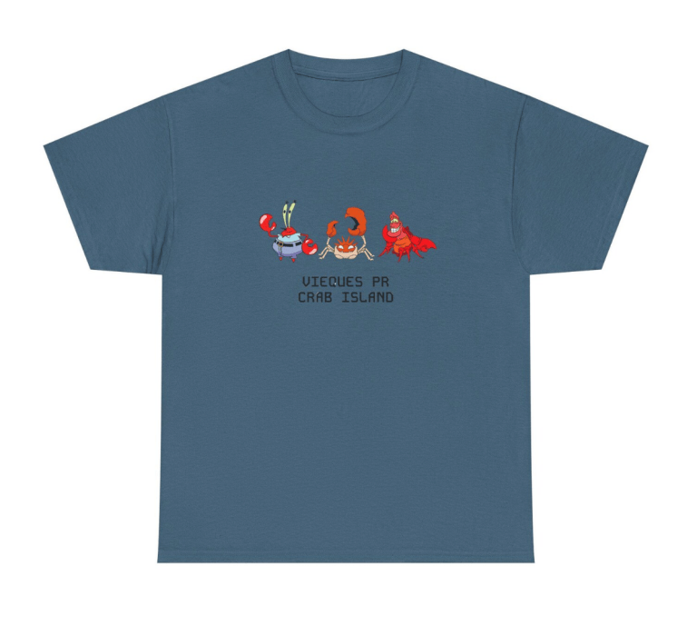 Blue t-shirt with cartoon crabs and text 'Vieques PR Crab Island'.