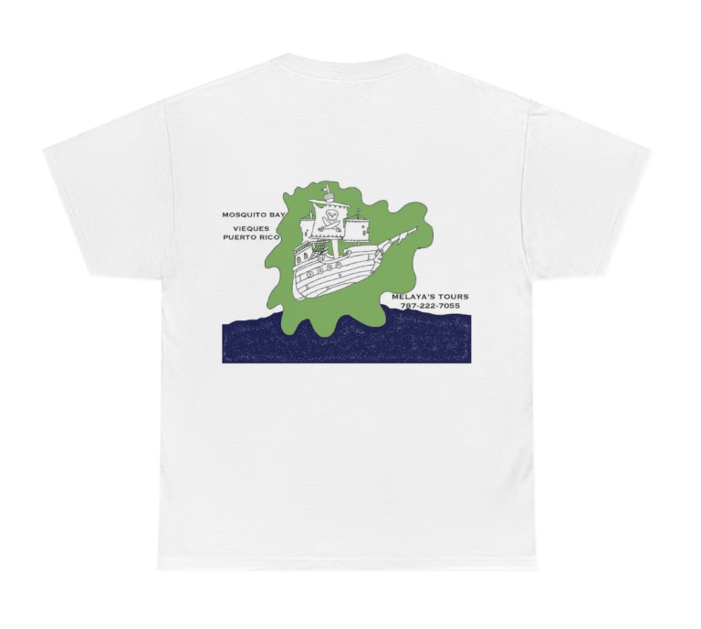 White T-shirt with green boat graphic labeled 'Melayna Tours' and location text.
