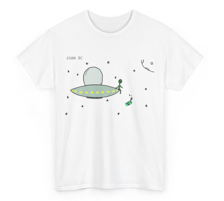 White t-shirt with cartoon alien and UFO design, titled '2500 BC'.