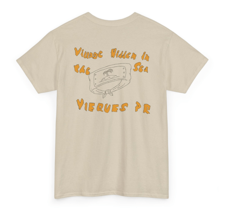 T-shirt with 'Vieques PR' and island graphic in orange and gray.
