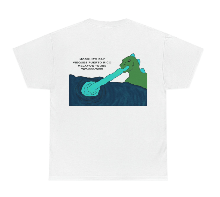 T-shirt with drawing of sea creature and tour contact info on the back.