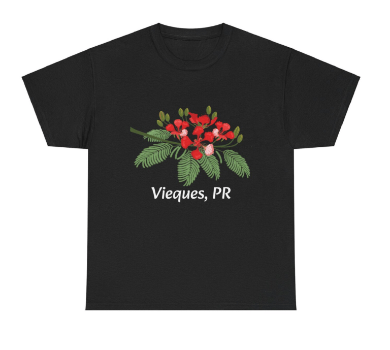 Black T-shirt with red flowers and 'Vieques, PR' text.