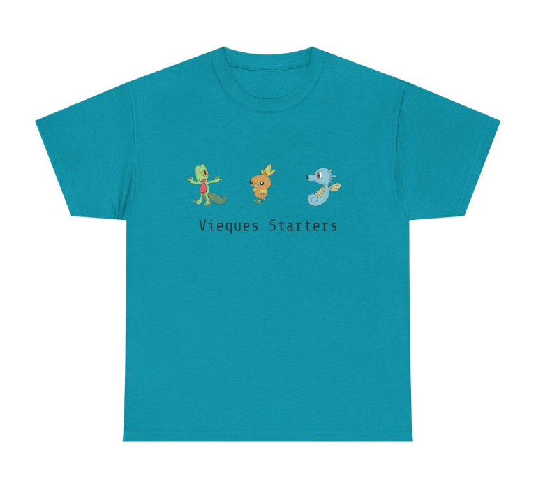 Blue T-shirt with three cartoon animals and 'Vieques Starters' text.