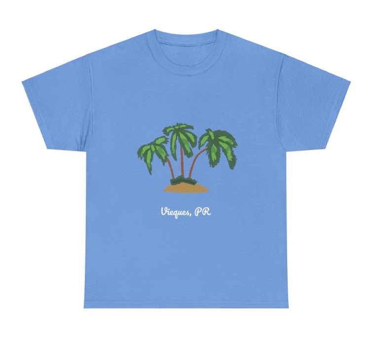 Blue t-shirt with palm trees and 'Vieques, PR' printed on it.