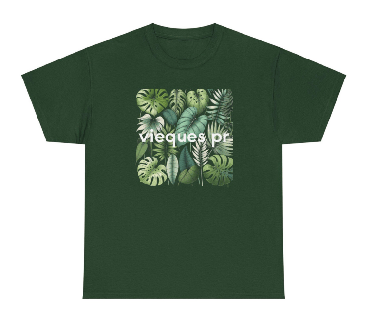 Green t-shirt with tropical leaves and 'vieques, pr' text on front.